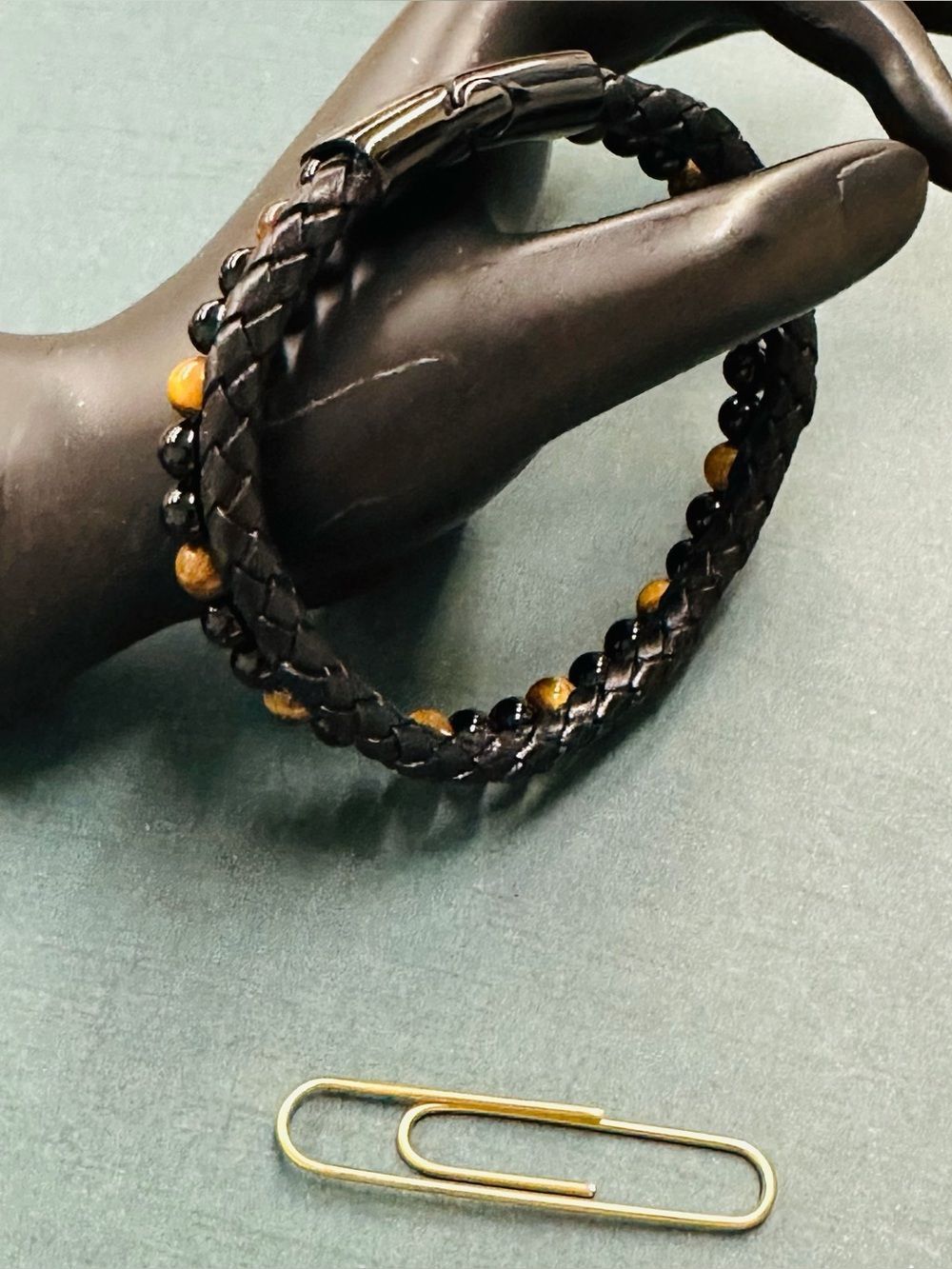 Tiger Eye Onyx Black Braided Leather Bracelet B10